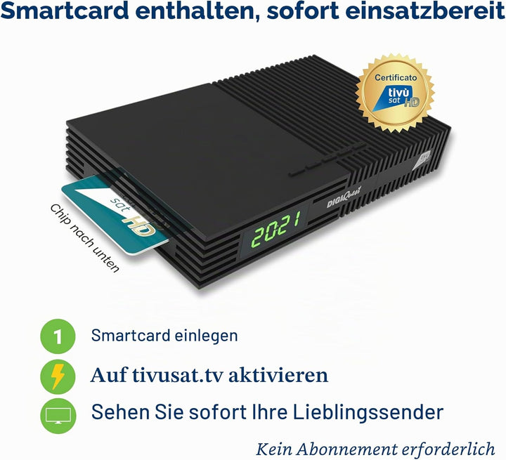 Digiquest Tivùsat Ti9 DVB-S2 Decoder mit Fernbedienung 2 in 1, schwarz, inklusive Tivusat-Karte, Auf