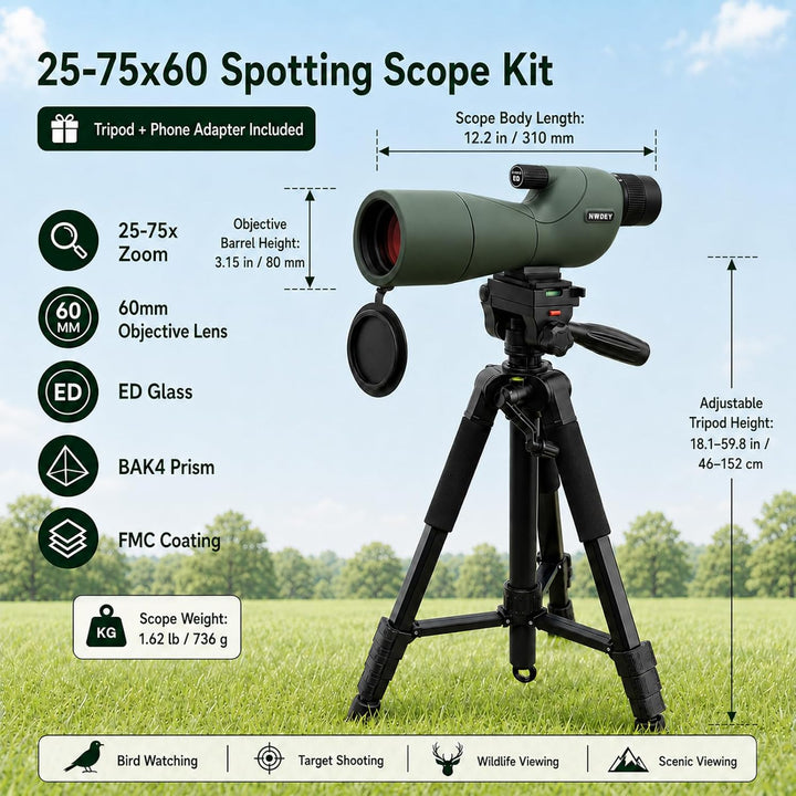 25-75X60 Spektiv mit 51 Zoll Stativ Spektiv für Zielschiessen Jagd Vogelbeobachtung Low Light Vision