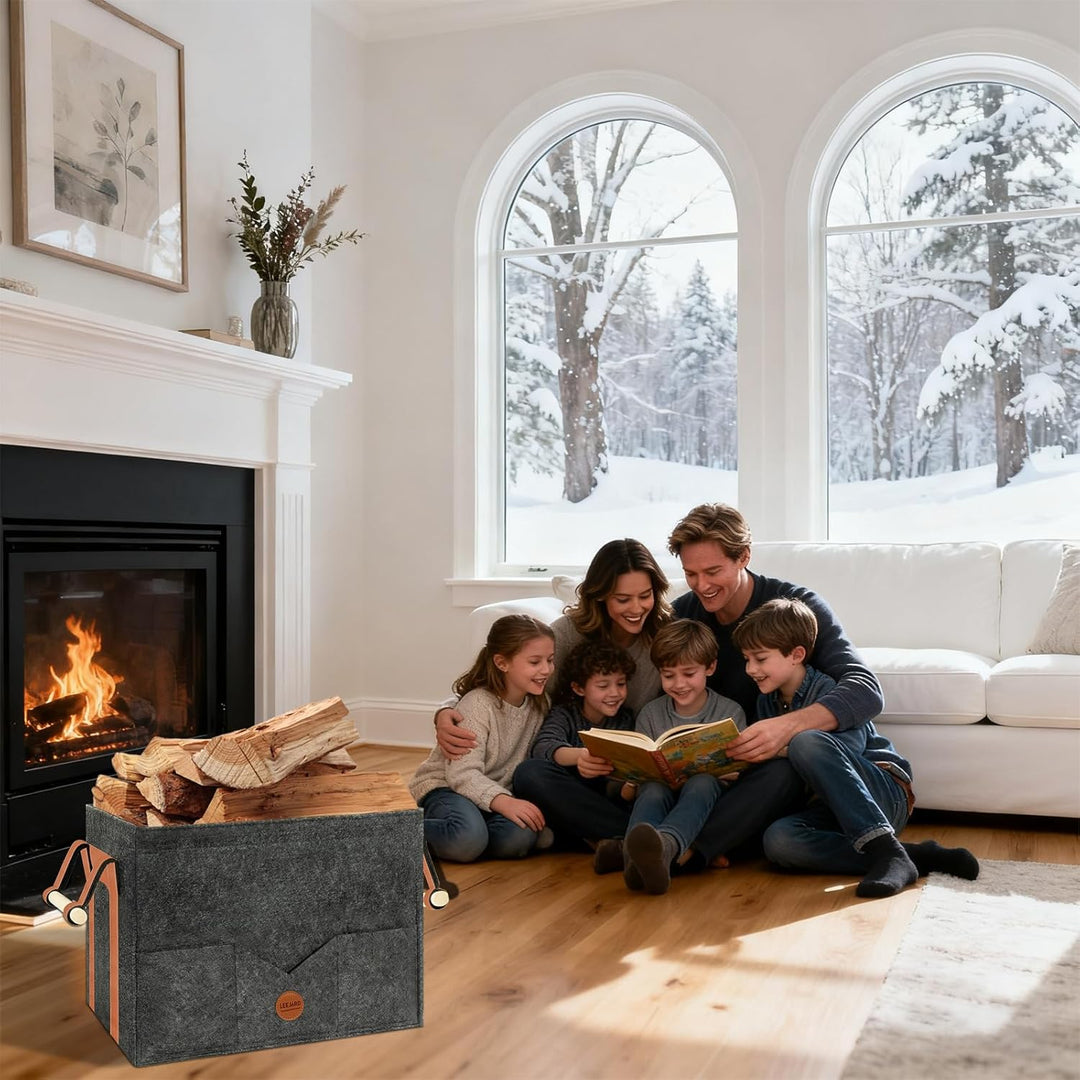 Holzkörbe für Kaminholz, Gross Holzkorb aus Filz Mit Metallrahmen, Seitentaschen und Griffen, auch a