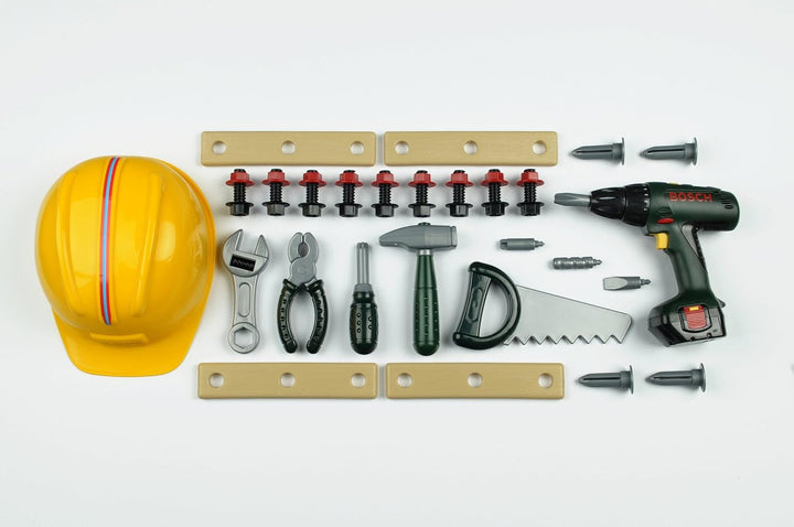 Theo Klein 8418 Bosch Handwerker-Set, 37-teilig I Kinder-Akkuschrauber mit Licht & Sound I Werkzeug