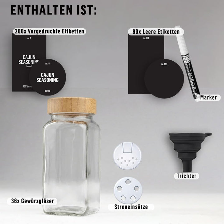 Deco Haus® Gewürzgläser eckig mit Holzdeckel 36er Set [+ Etiketten &amp; Streueinsatz] - Gewürzdosen Set