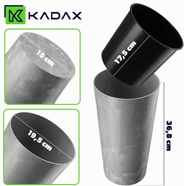 KADAX Pflanzkübel mit Innentopf Grau Ø 19.5 cm, Höhe 36.8 cm – Moderner Pflanztopf mit Einsatz, Blum