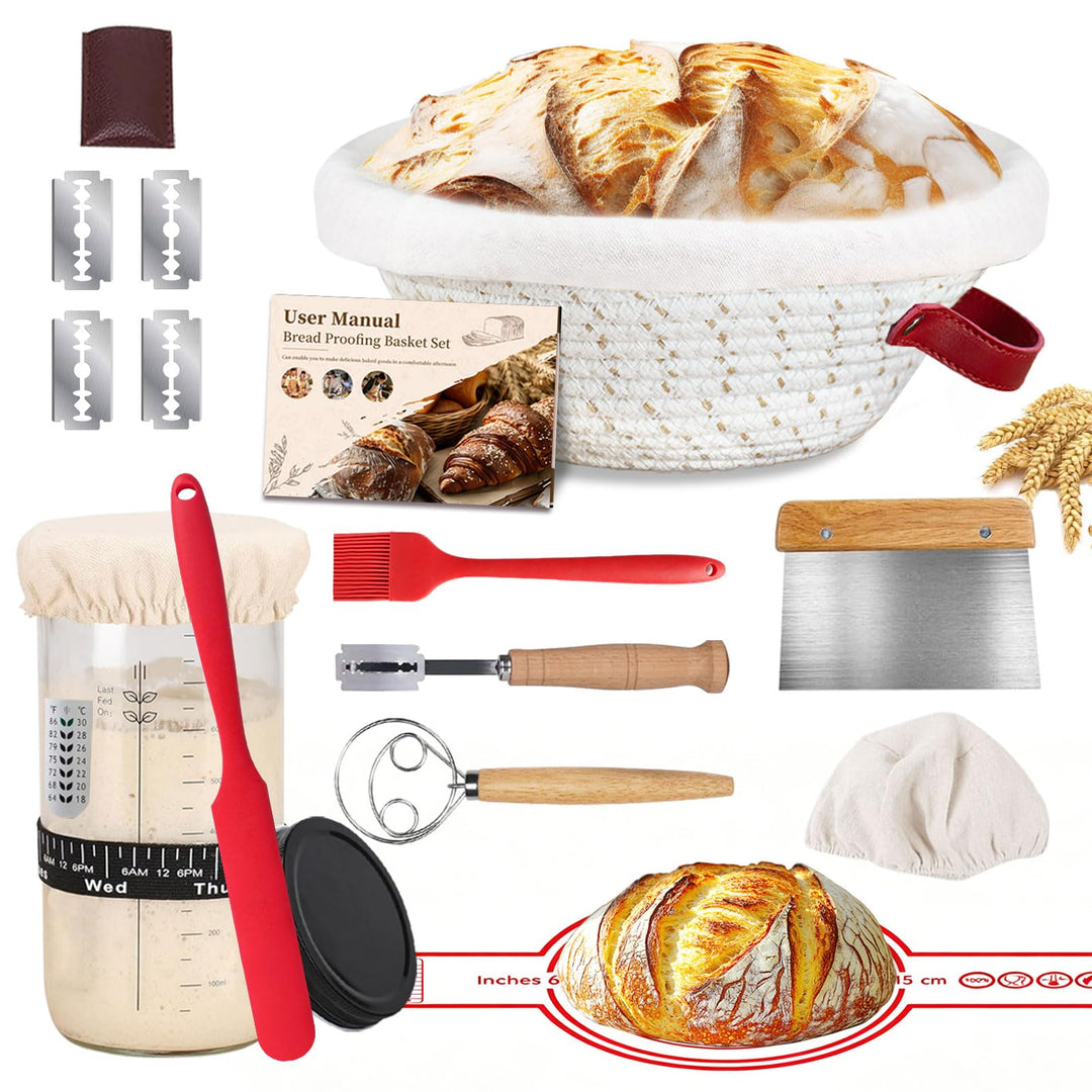 Gärkörbchen Sauerteig Starter Set, 700ml Sauerteig Glas, Gärkorb rund 25cm & Liner – Komplettes Brot