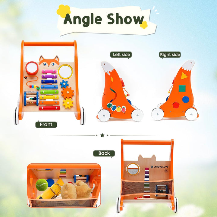 Lauflernwagen Holz für Kleinkinder, Multifunktionale Lauflernhilfe mit Spielbrett und Musik, Laufler