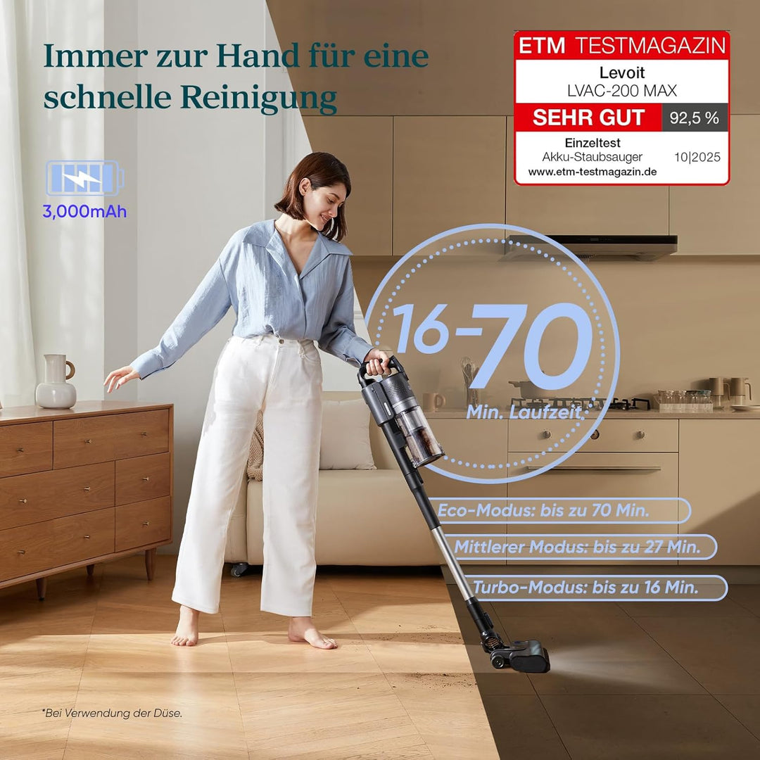 Levoit Akku Staubsauger - 70 Min Laufzeit - 99,99 Prozent HEPA Filtrationseffizienz - Mini Motorbürs
