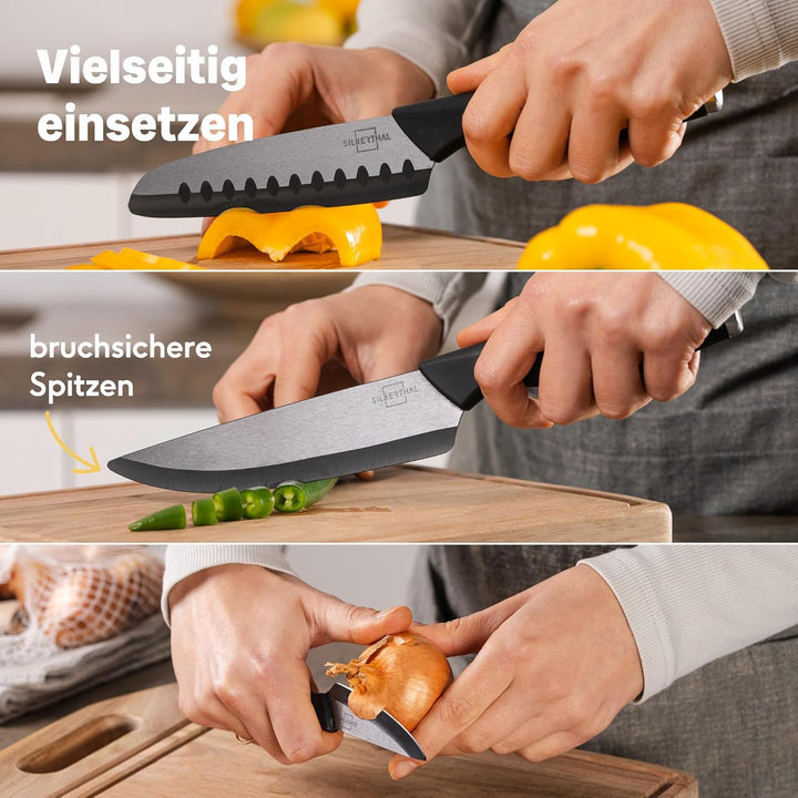 SILBERTHAL Messerblock mit Messer Schwarz - Messerset 3-teilig - robuste Keramikmesser (Santokumesse