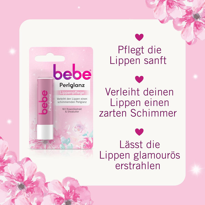 bebe Perlglanz Lippenpflege, Lippenpflegestift mit Rosenölextrakt und Sheabutter, verleiht den Lippe