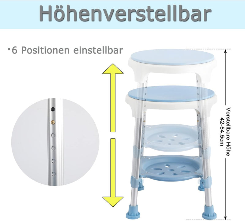 YRHome 360°Drehbarer Duschhocker Höhenverstellbar Badestuhl Duschstuhl Anti-Rutsch Badhocker mit pra