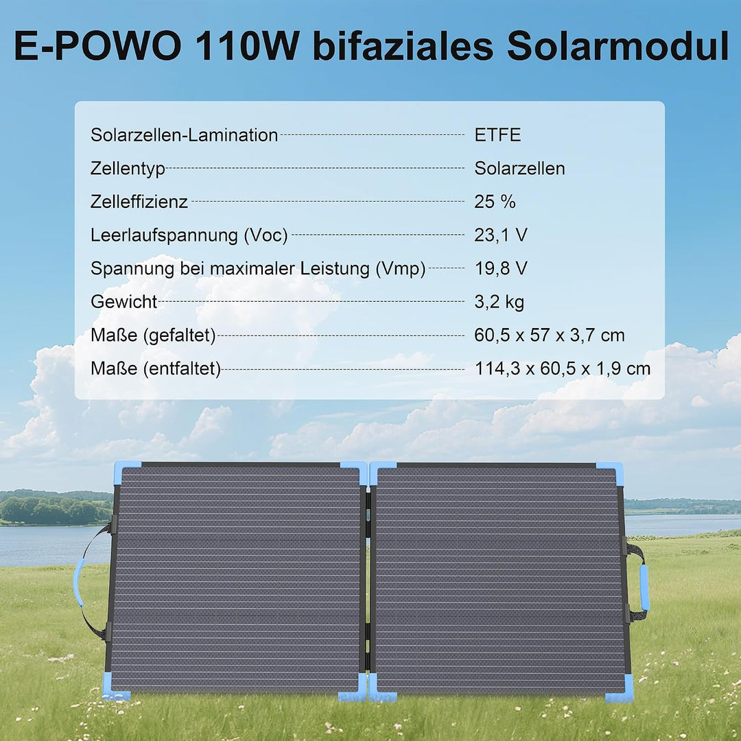 110W Bifacial Solarpanel Faltbar, 23,5% Wirkungsgrad, IP68 Wasserdicht, 20V Monokristallines Tragbar