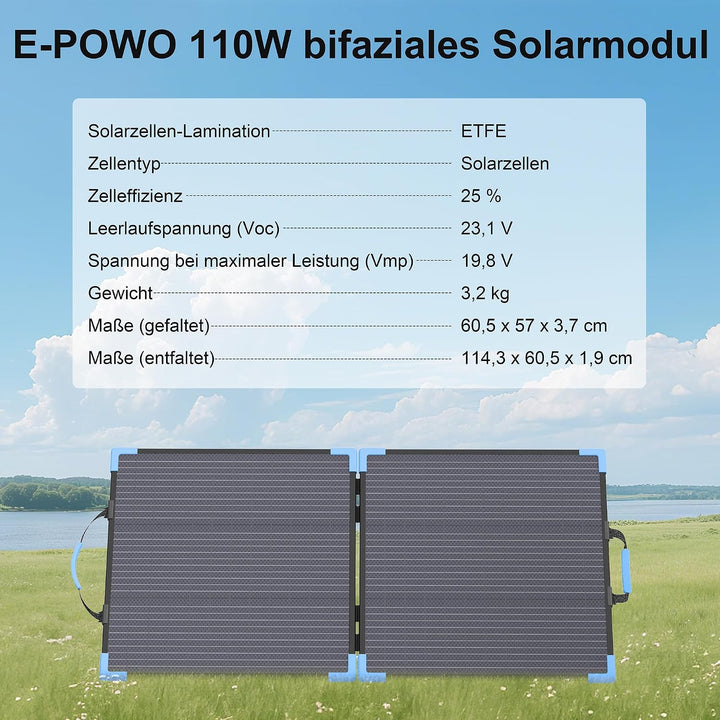 110W Bifacial Solarpanel Faltbar, 23,5% Wirkungsgrad, IP68 Wasserdicht, 20V Monokristallines Tragbar