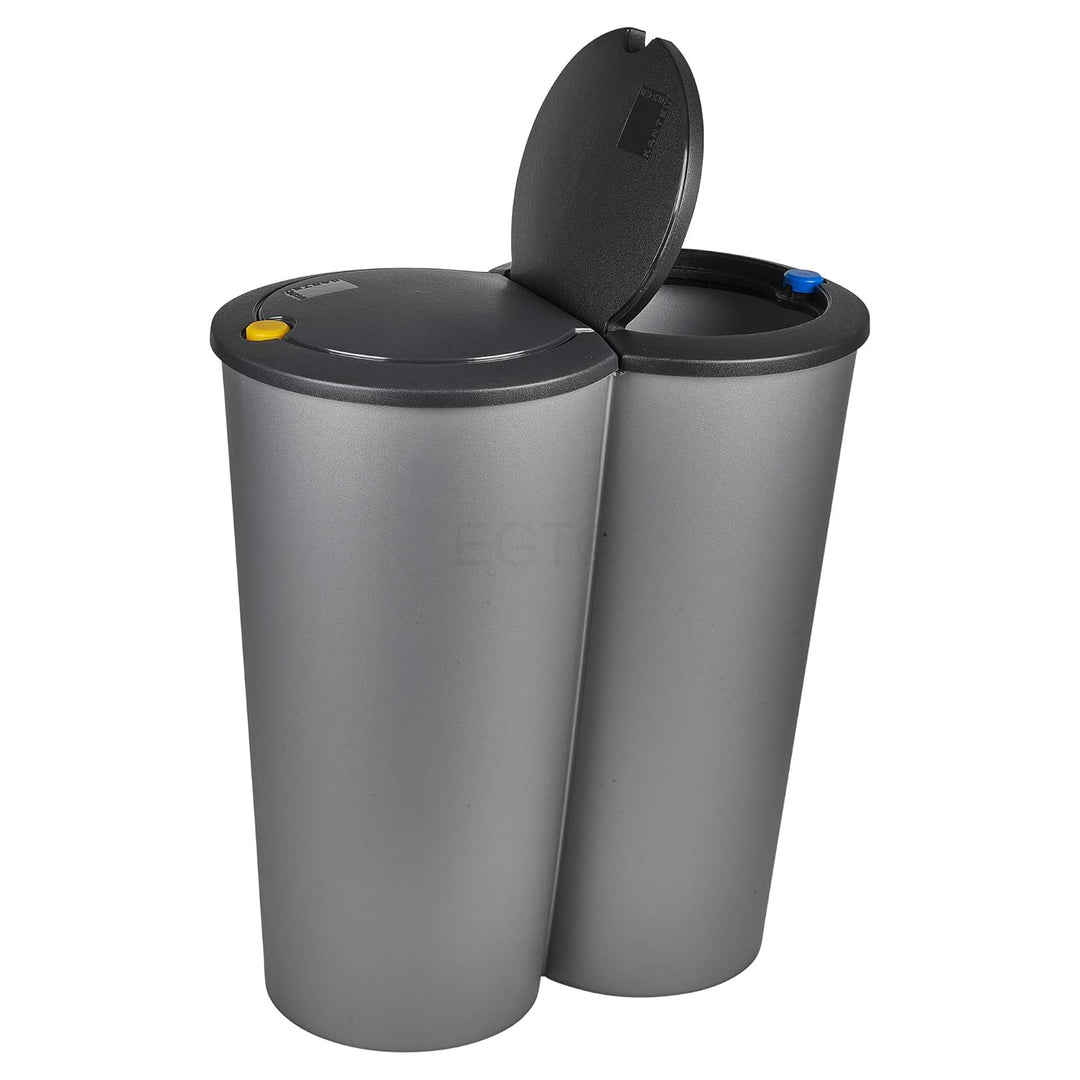 URBNLIVING Runder Duo Recycling-Abfalleimer, 2x25L, Grau, Kunststoff, Mülltrennung in der Küche