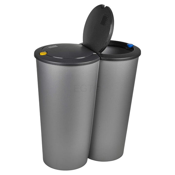 URBNLIVING Runder Duo Recycling-Abfalleimer, 2x25L, Grau, Kunststoff, Mülltrennung in der Küche