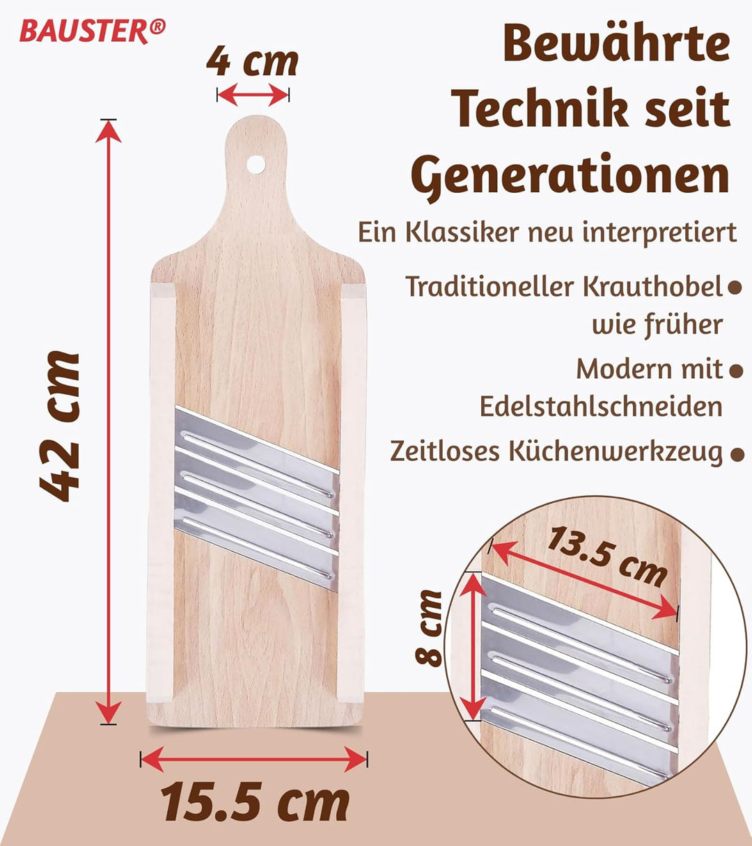 Krauthobel aus Buchenholz mit Edelstahlklingen – Traditioneller Gemüsehobel für Weisskohl, Rotkohl &