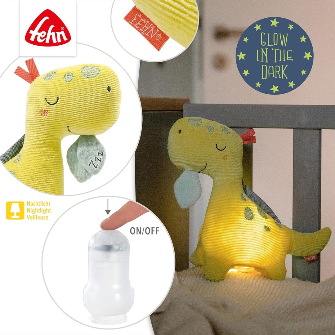 Fehn Nachtlicht Dino – Schlummerlicht & Einschlafhilfe: Kuscheltier mit „Glow-in-The-Dark“-Bestickun