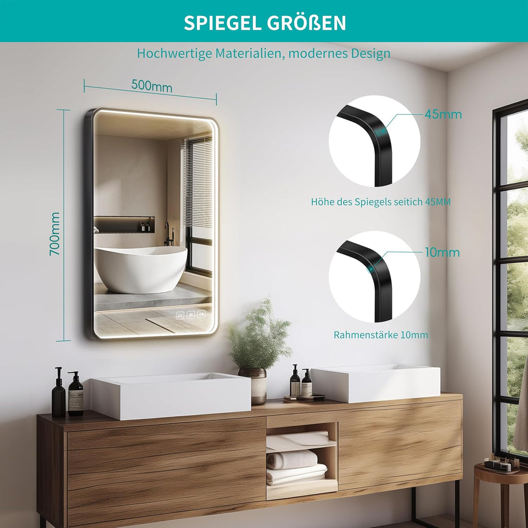 LED Badspiegel 50x70 cm mit Frontbeleuchtung, 3 Lichtfarben dimmbar, Touch-Schalter, Anti-Beschlag &