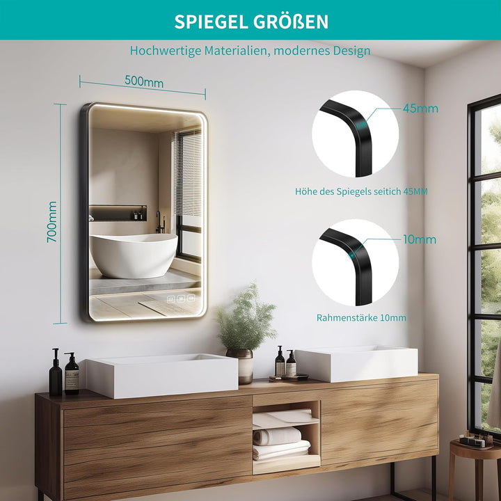 LED Badspiegel 50x70 cm mit Frontbeleuchtung, 3 Lichtfarben dimmbar, Touch-Schalter, Anti-Beschlag &