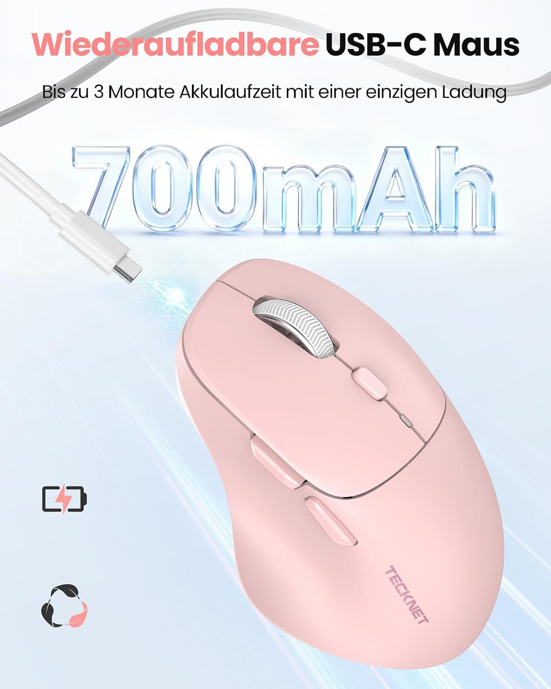 TECKNET Bluetooth Maus Wiederaufladbar, Ergonomische Daumenauflage | Tri-Modi: BT5.0/3.0 + 2.4G, 480