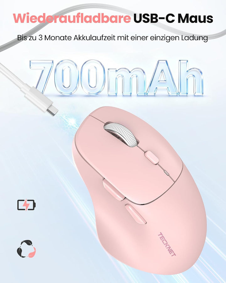 TECKNET Bluetooth Maus Wiederaufladbar, Ergonomische Daumenauflage | Tri-Modi: BT5.0/3.0 + 2.4G, 480