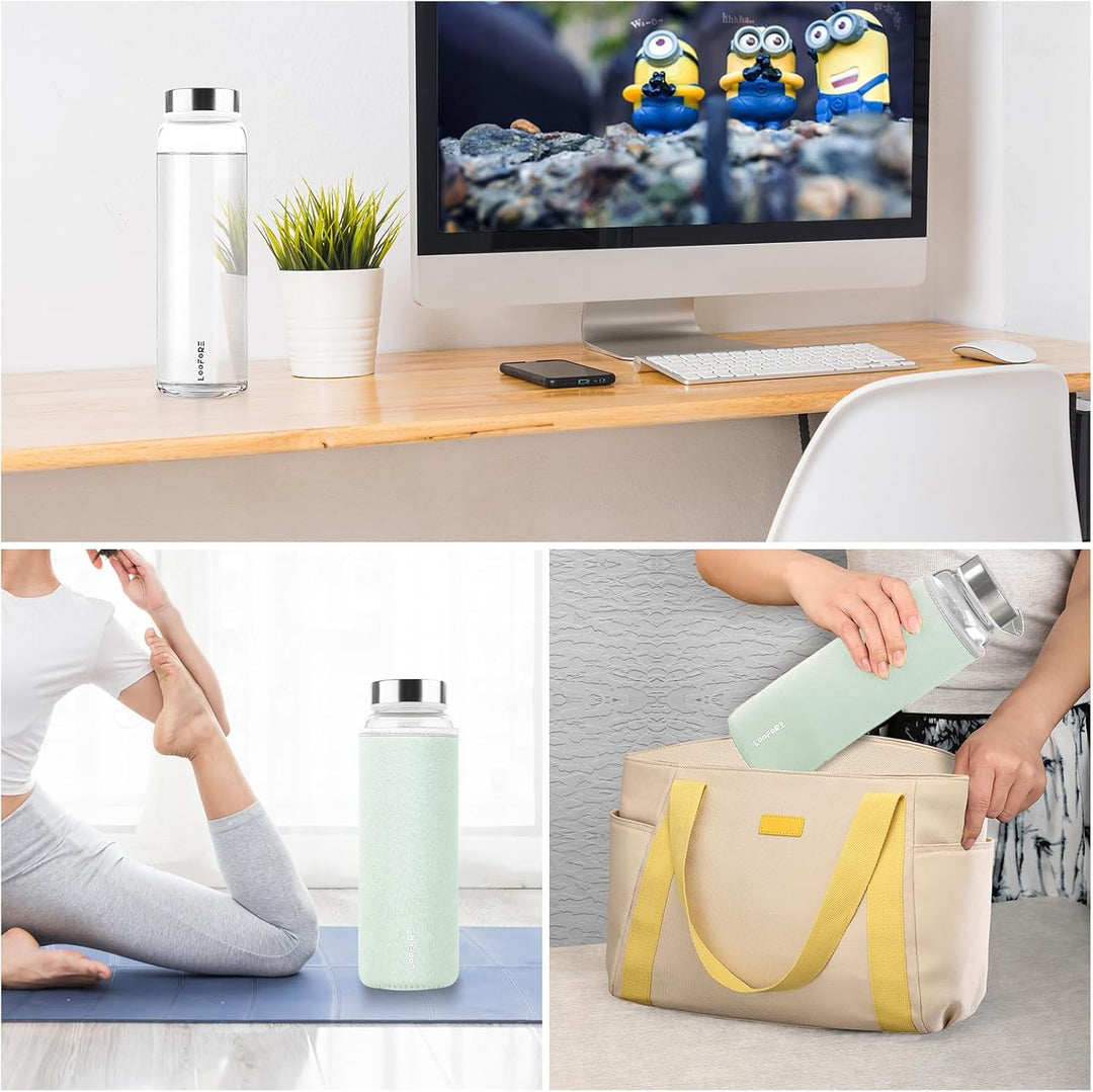 Glasflasche 1 liter / 1l, Wasserflasche Glas 1000ml inkl. Neoprenhülle, BPA freie, Trinkflasche Spül