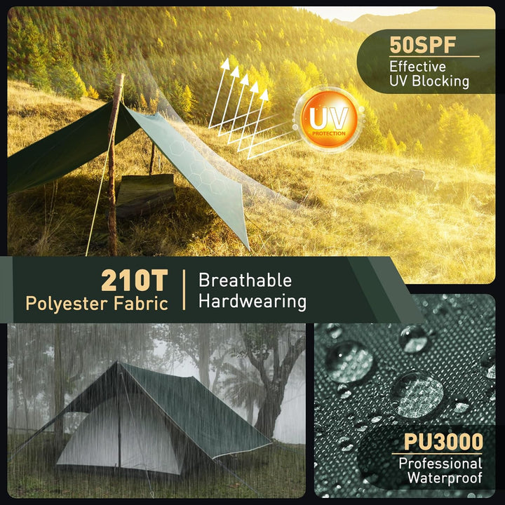 Tarp 3x3/3x5M Wasserdicht, Ultraleicht Camping Zeltplane, Anti-UV Sonnen Regen Schutz Schnee, mit Ös