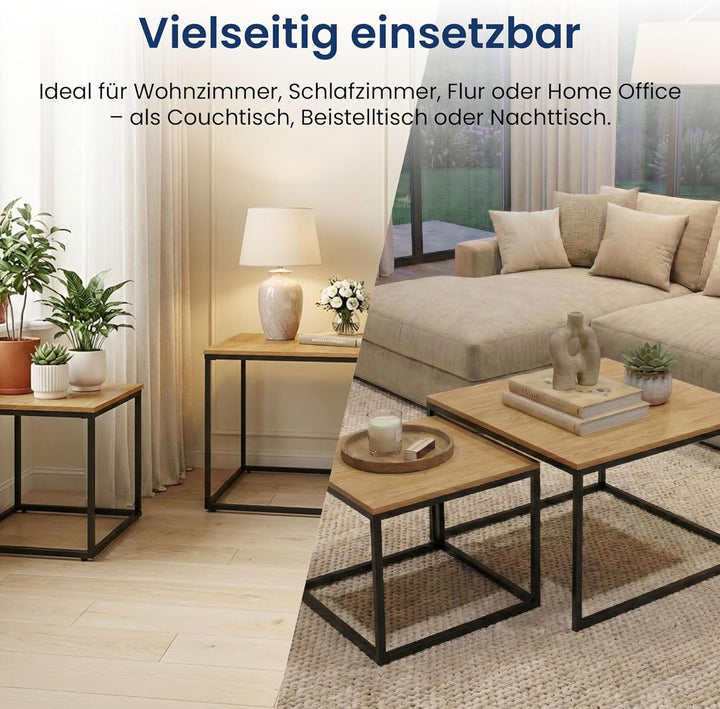 Home Collective Couchtisch 2er Set quadratisch aus Holz, Wohnzimmertisch Modern, Beistelltisch Set 2