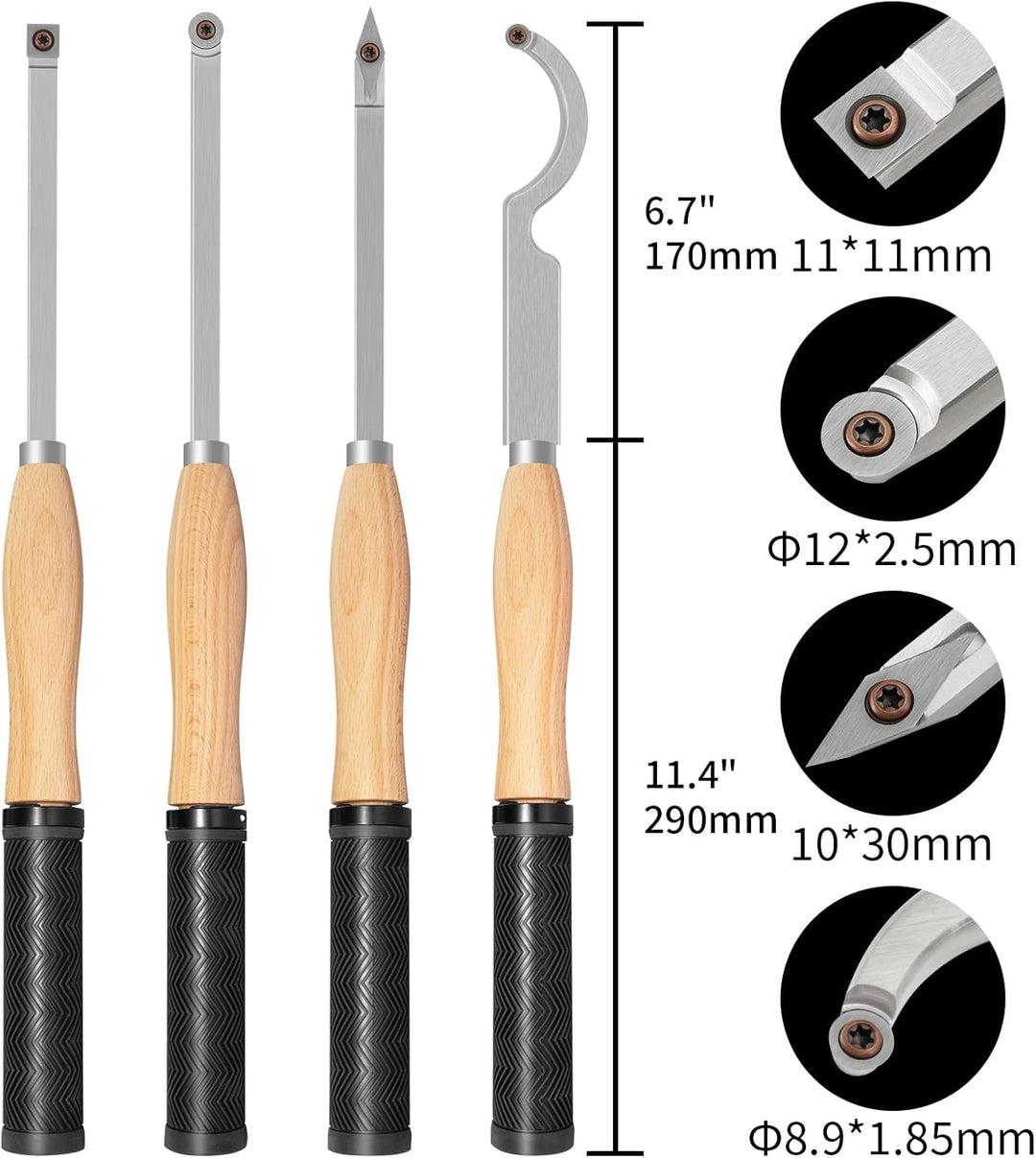 46.5cm Drechseleisen Set mit Hartmetall-Schneidplatten,4Stück Drechselmesser in Holzkoffer, rund und