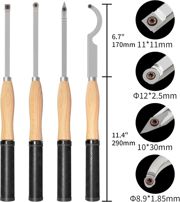 46.5cm Drechseleisen Set mit Hartmetall-Schneidplatten,4Stück Drechselmesser in Holzkoffer, rund und