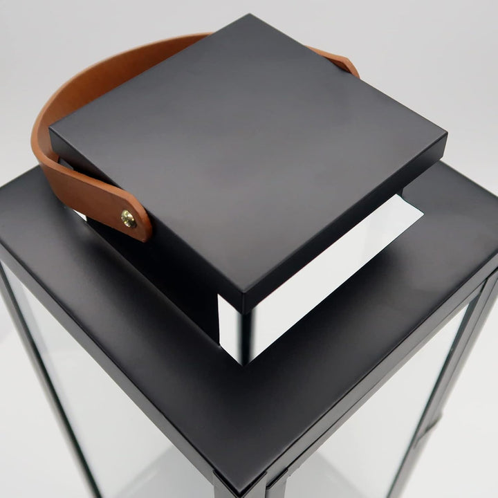 Dekovita 30cm Laterne in Schwarz - Gartenlaterne mit Glas-Scheiben und Kunstleder-Henkel - Metall De