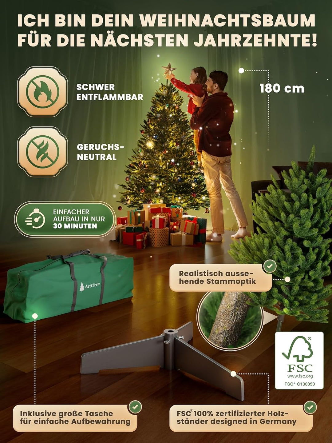 Weihnachtsbaum künstlich [100% Spritzguss] - Naturgetreuer Tannenbaum mit Stabiler Spitze | Premium