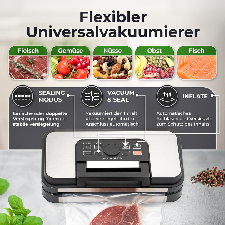 KLAMER Vakuumierer Pro 125 – Vakuumiergerät mit doppelter Versiegelung, 10 Modi für trockene & feuch