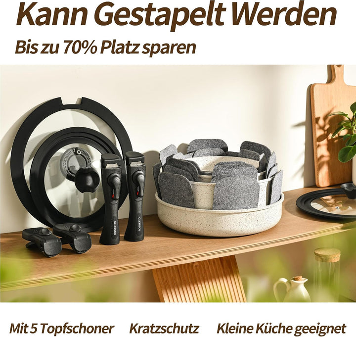 Pfannenset Induktion 23 Teilig, Töpfe Set mit Abnehmbarem Griff, PFOA Frei | Topf und Pfannenset mit