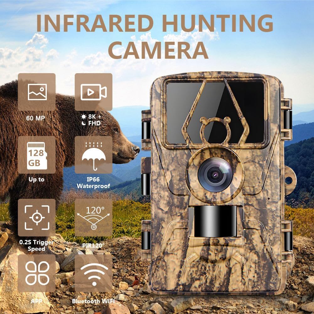 Wildkamera mit 8K Video, 60MP Full HD, WLAN & Handyübertragung APP, Bewegungssensor, Nachtsicht, 0,1