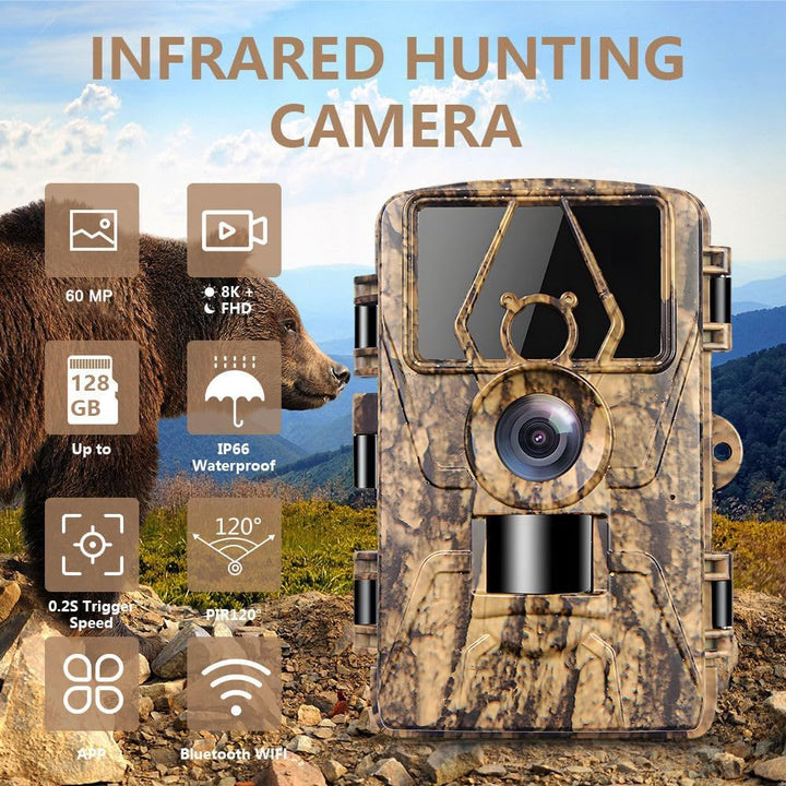 Wildkamera mit 8K Video, 60MP Full HD, WLAN & Handyübertragung APP, Bewegungssensor, Nachtsicht, 0,1