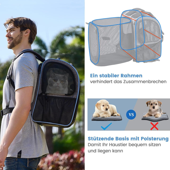 Taschmik Katzenrucksack Hunderucksack für Katzen Hunde bis 6kg, Katzen Rucksack erweiterbar Hunde Ru
