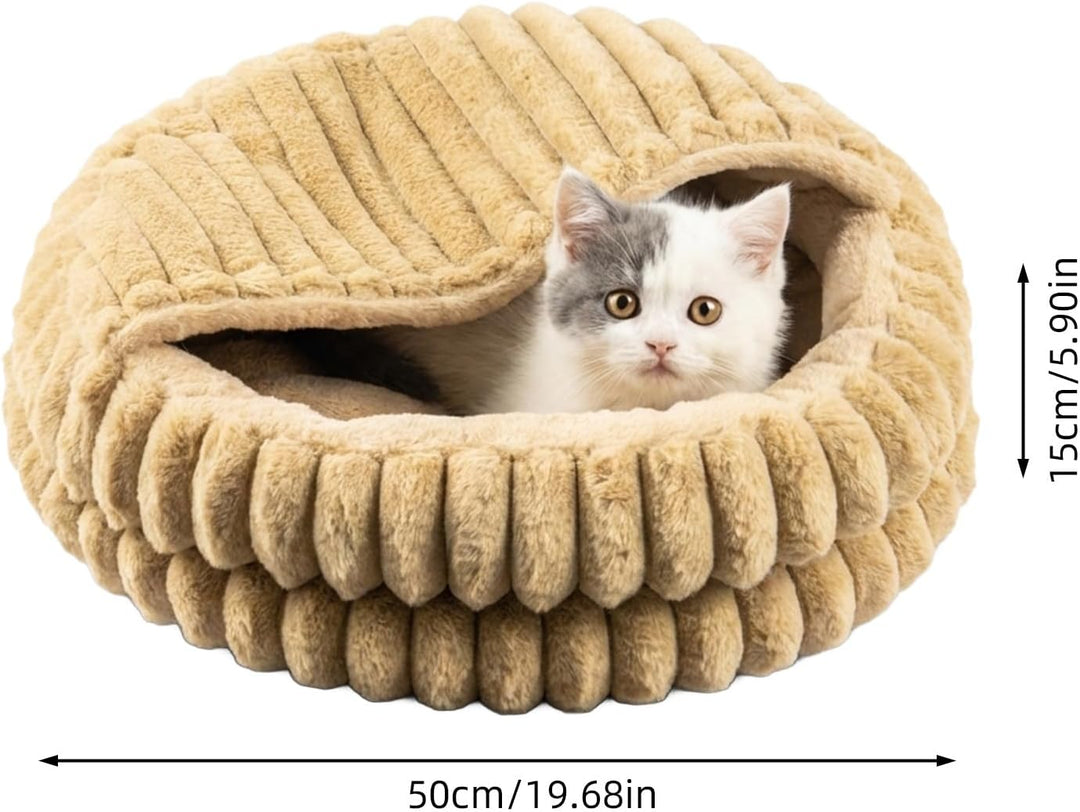 Katzenbett mit Deckel, Waschbare Katzenhöhle mit Kissen, Weiches Katzenhaus 50x50x15 cm (Braun), Bra