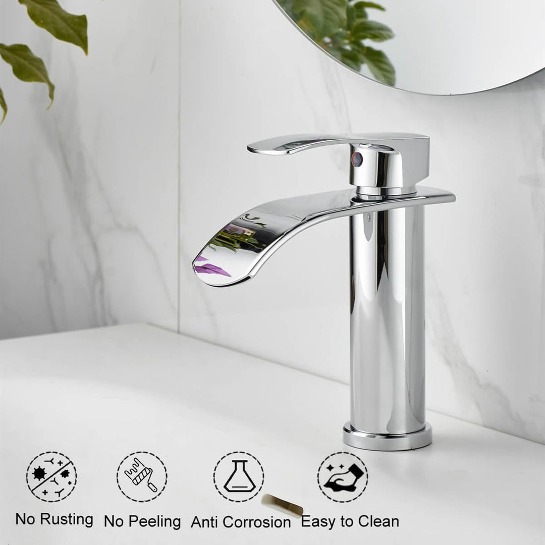 Beelee Einloch-Einhebel Wasserfall Waschtischarmatur mit G3/8" Kalt- und Warmwasseranschluss, verchr