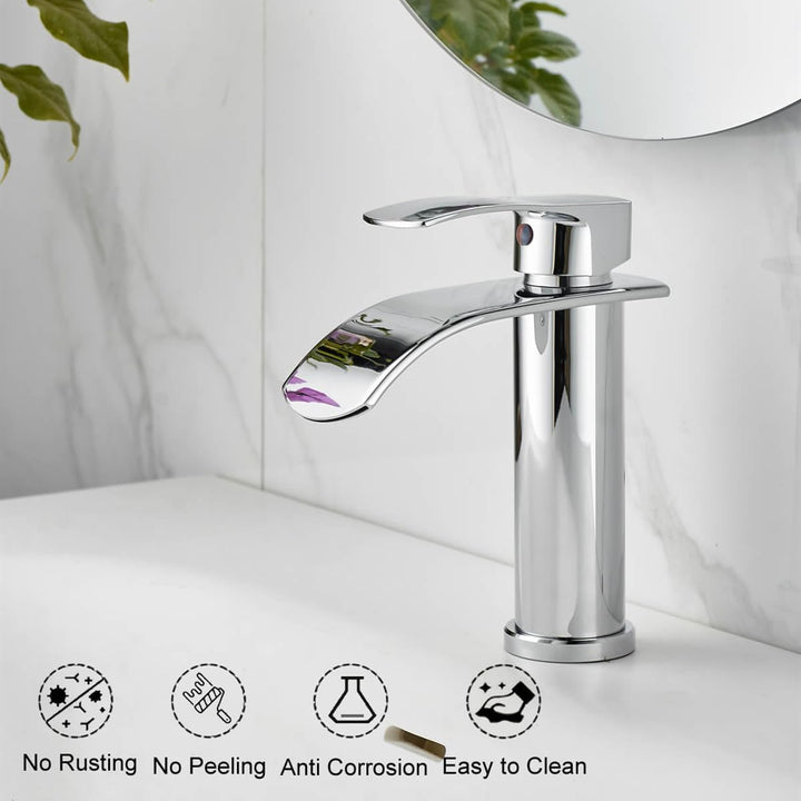 Beelee Einloch-Einhebel Wasserfall Waschtischarmatur mit G3/8" Kalt- und Warmwasseranschluss, verchr