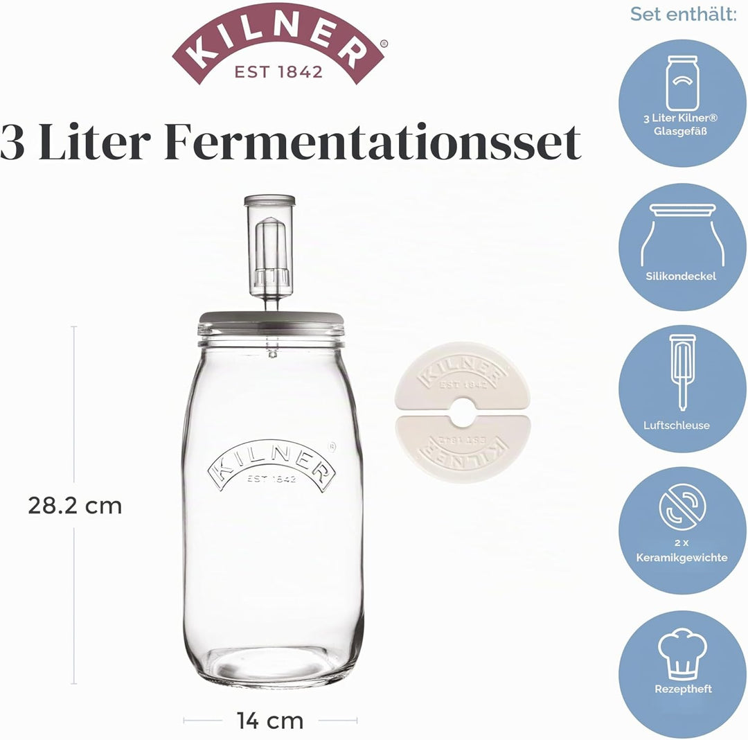 KILNER Fermentier Set, 3 Liter Glas mit Gärungsdeckel, einfaches Haltbarmachen von Gemüse, 1x Kilner