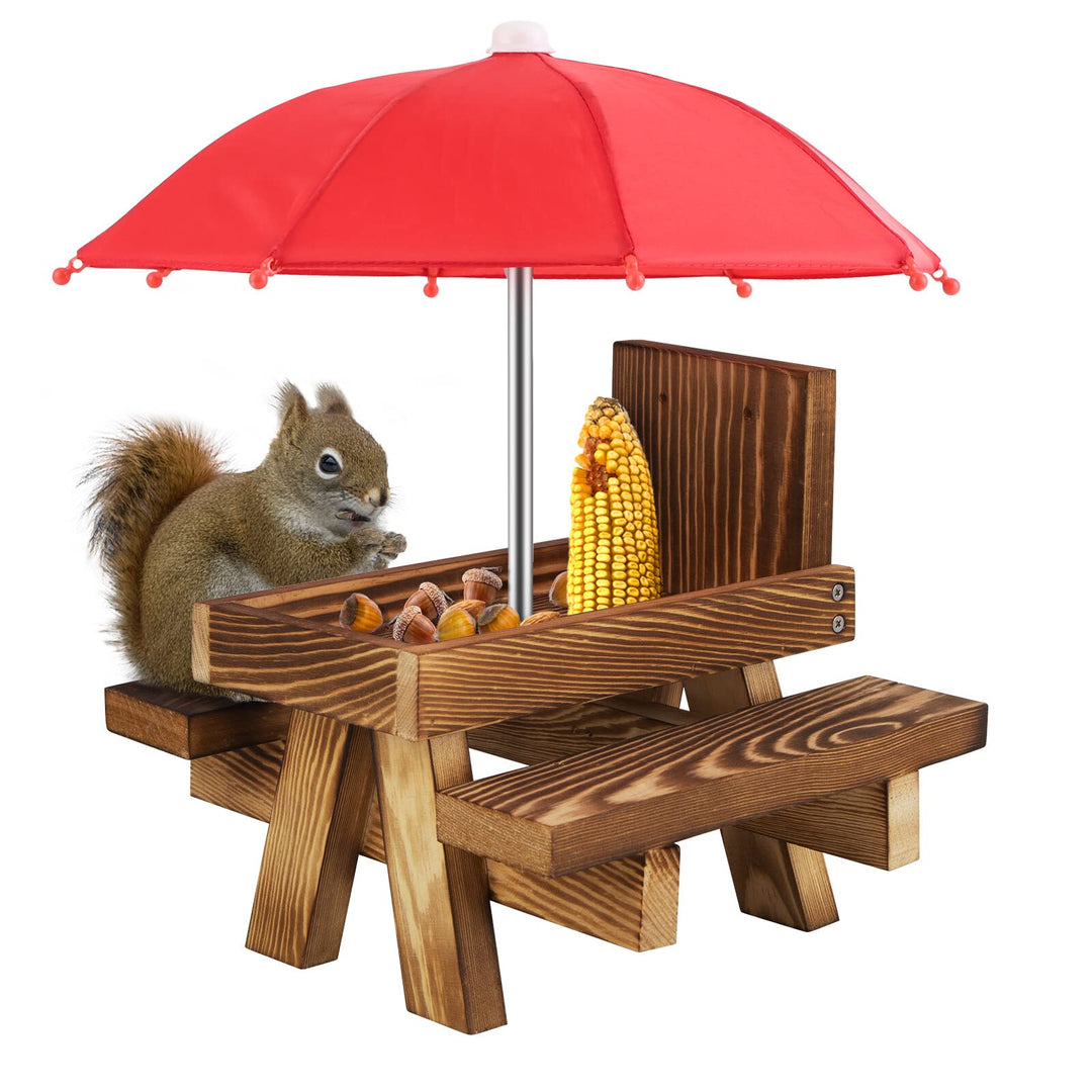 Eichhörnchen Futtertisch mit Regenschirm, Holz Eichhörnchen Picknickbank Futterspender mit Regenschi