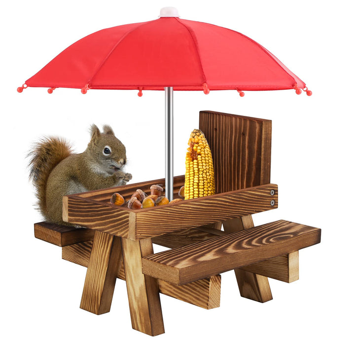 Eichhörnchen Futtertisch mit Regenschirm, Holz Eichhörnchen Picknickbank Futterspender mit Regenschi