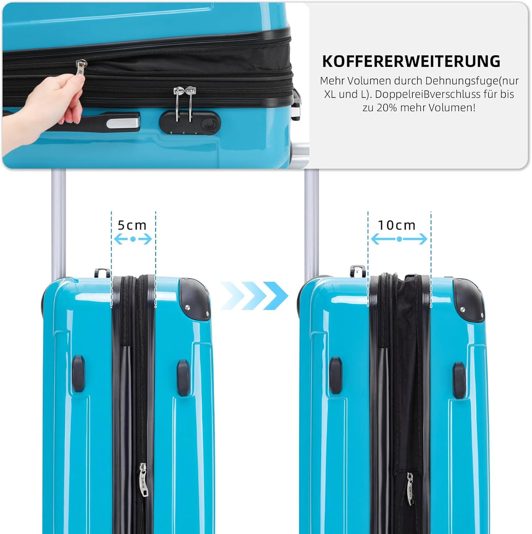 BEIBYE Hartschalen Koffer Trolley Rollkoffer Reisekoffer 4 Zwillingsrollen Polycabonat (Türkis, Hand