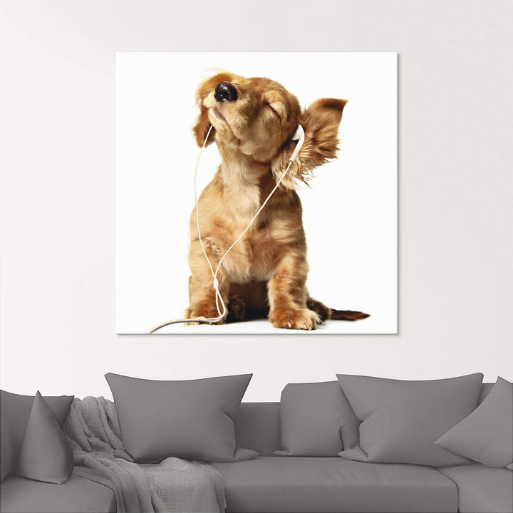 ARTland Glasbilder Wandbild Glas Bild einteilig 30x60 cm Hochformat Hund Tiere Musik Dackel Welpen L