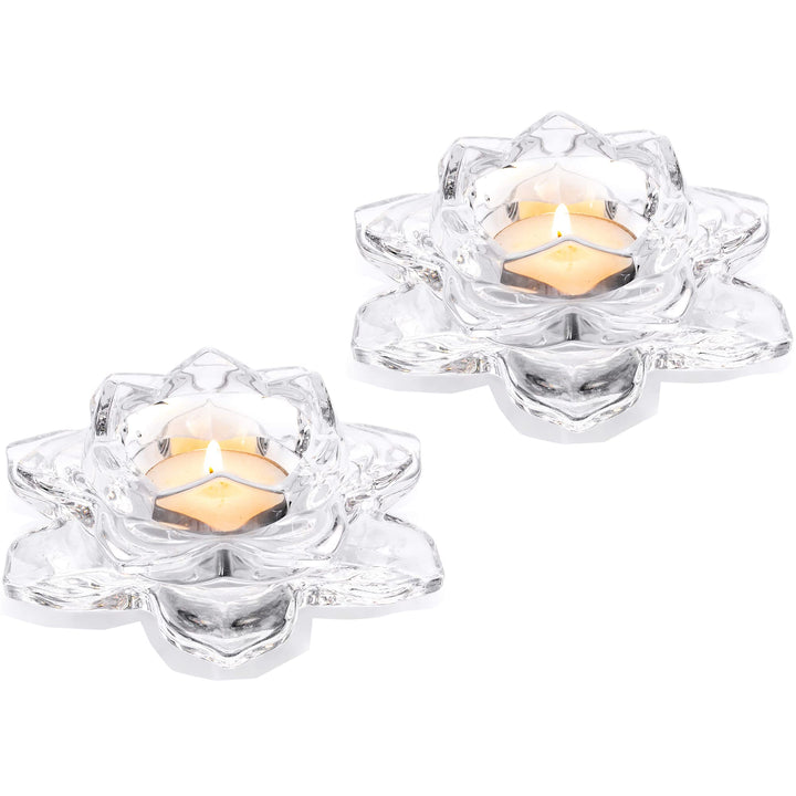 Nuptio Kristall Lotus Kerzenhalter 2 Stück Teelichthalter für 4.5cm Durchmesser Stumpenkerzen Glas V