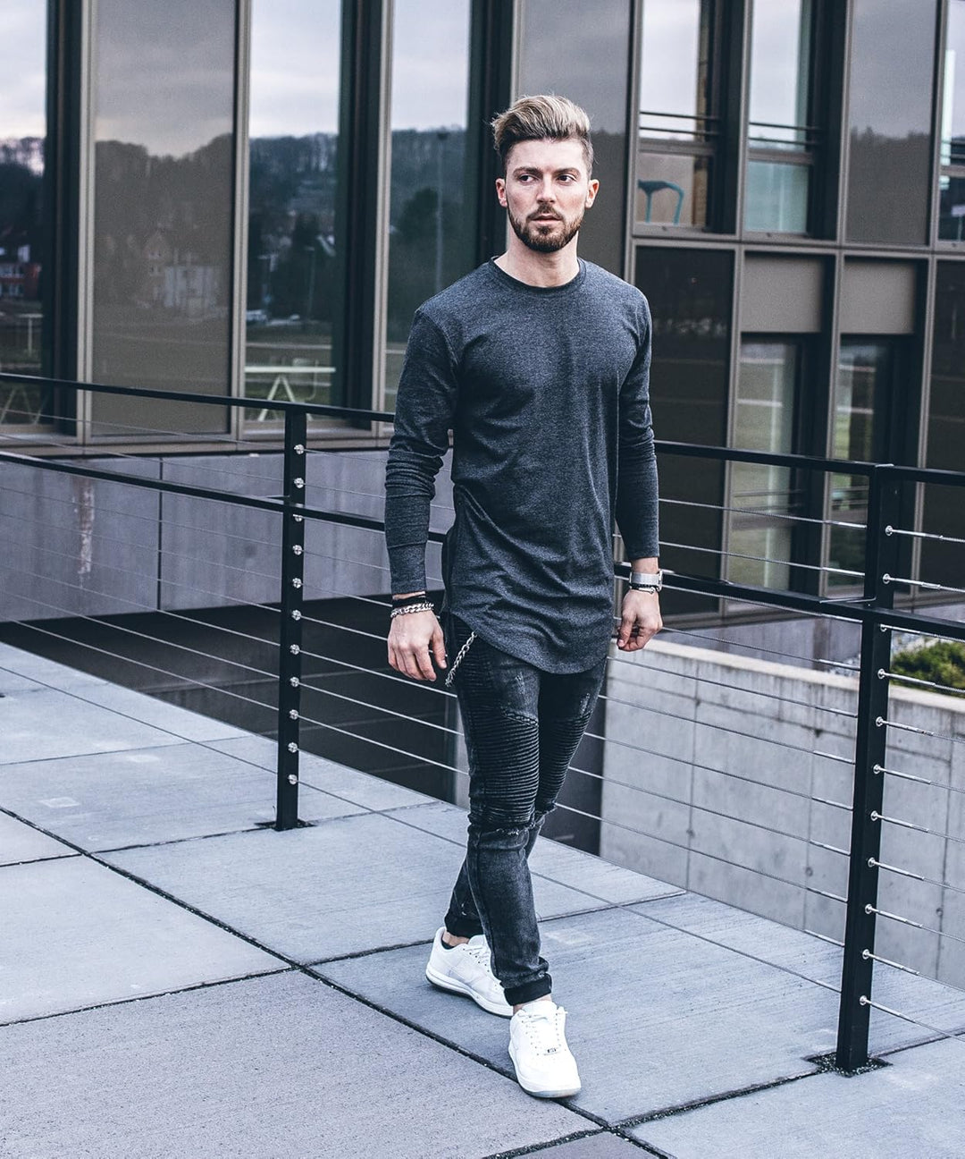 Blackskies Side Zip Langarm T-Shirt | Langes Oversize Fashion Basic Longsleeve Herren Longshirt Long