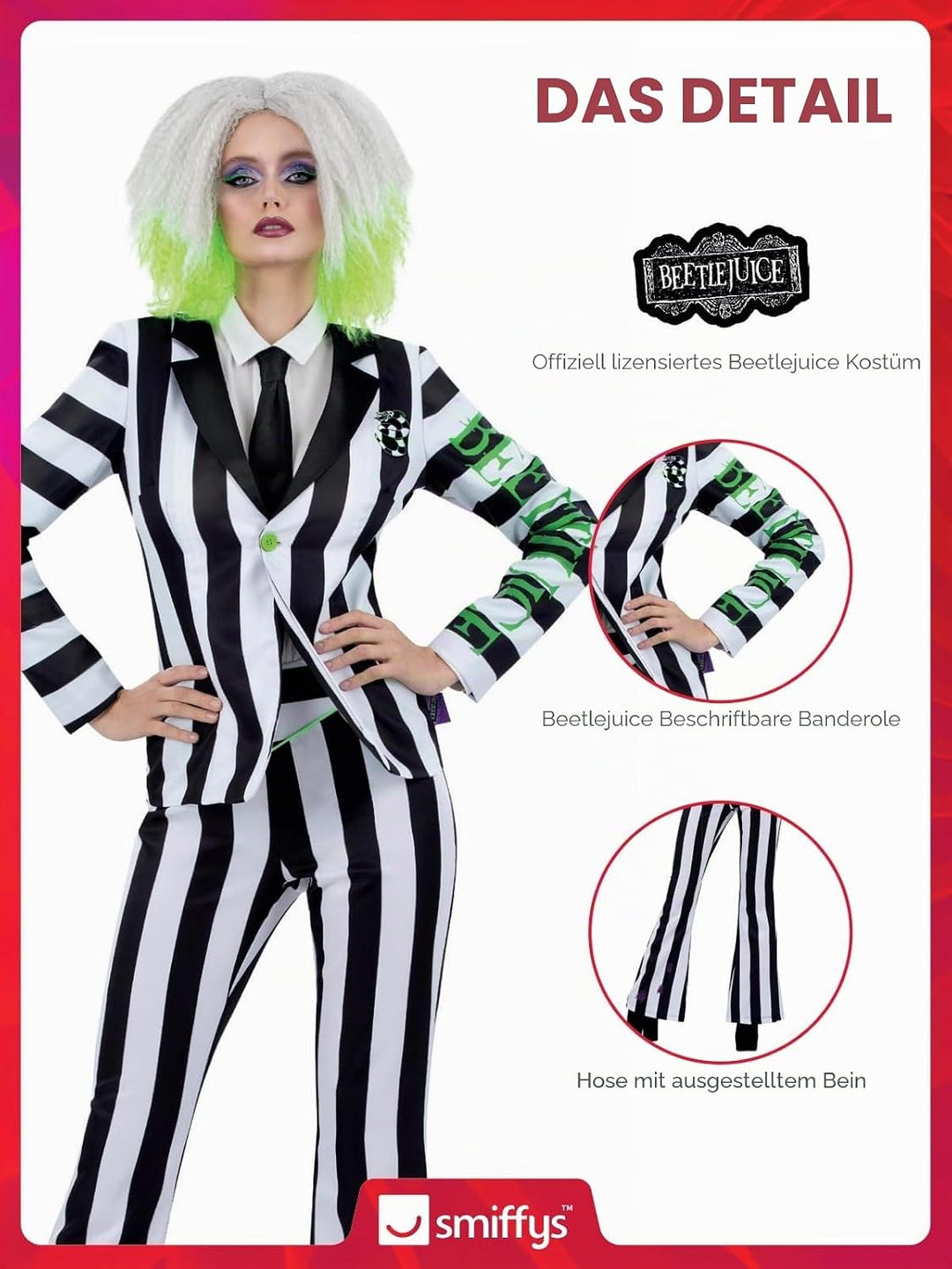 Smiffys Beetlejuice Kinderkleid mit abgetauchtem Saum, Rock, schwarz-weisse Streifen mit aufgedruckt
