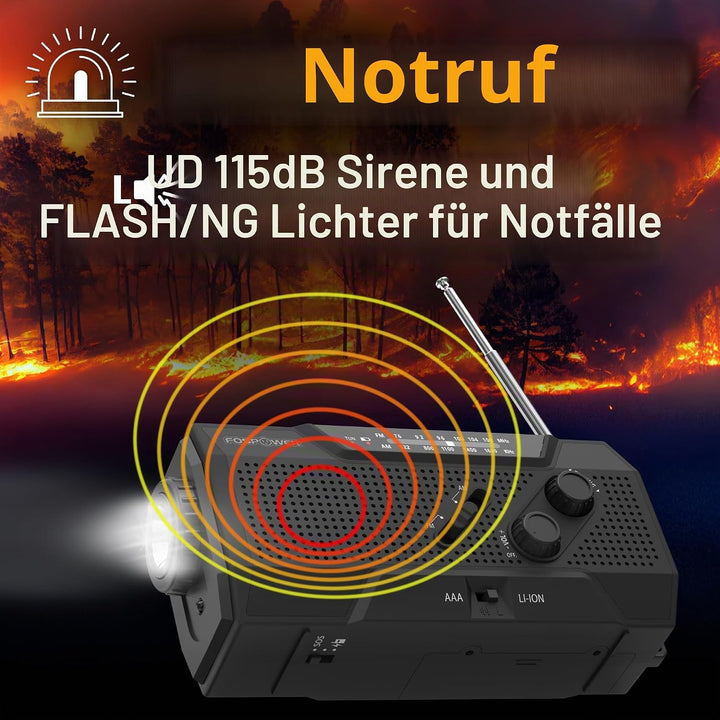 FosPower Notfallradio NOAA/AM/FM mit 7400mWh Tragbare Powerbank, Aufladung per USB/Solar/Handkurbel,