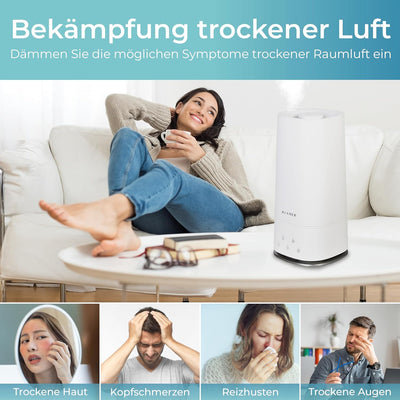 KLAMER Luftbefeuchter 4L Top Fill, Leise 30dB, 40h Laufzeit, 300 ml/h, 3 Stufen - Ideal für Büro, Sc