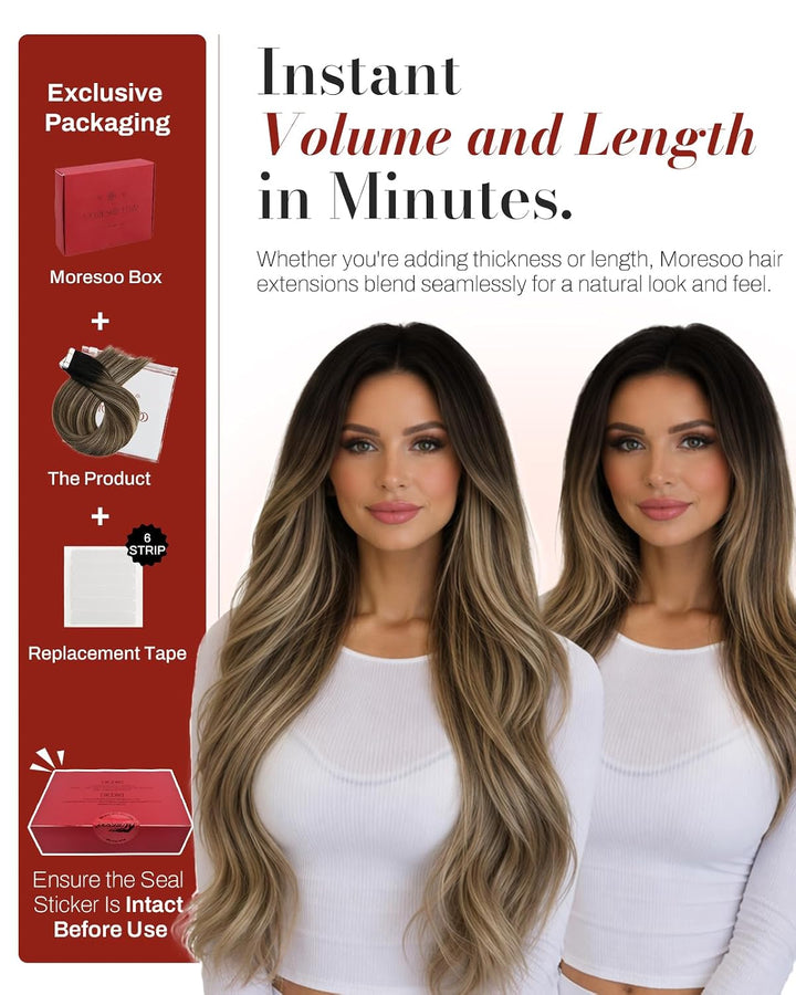 Moresoo Tape in Extensions Echthaar Dunkelbraun Invisible Tape Extensions Haarverlängerung Echthaar