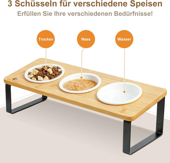 GUUSII HOME Katzennapf Erhöht Futternapf Katze Futterstation, Keramik Napf, Fressnapf 3er Set Holz,