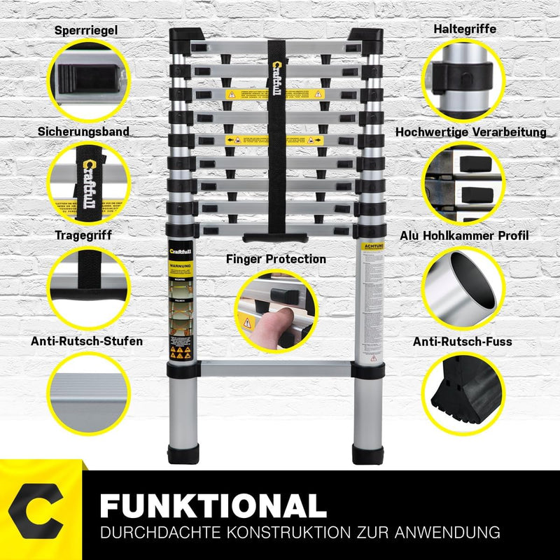 𝐂𝐑𝐀𝐅𝐓𝐅𝐔𝐋𝐋 Aluminium Teleskopleiter CF-101A | 𝟑 𝐉𝐀𝐇𝐑𝐄 𝐆𝐀𝐑𝐀𝐍𝐓𝐈𝐄 - Ausziehleiter - Tragetasche - Alu Le